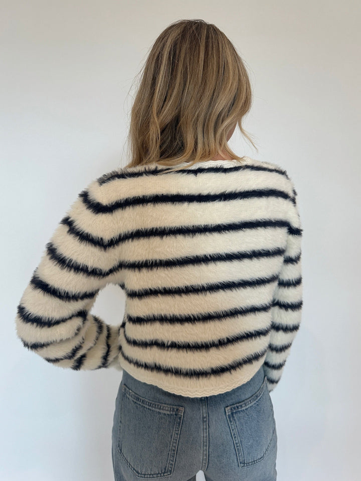 BK Fuzzy Striped Button Cardigan in Ivory available at Barbara Katz