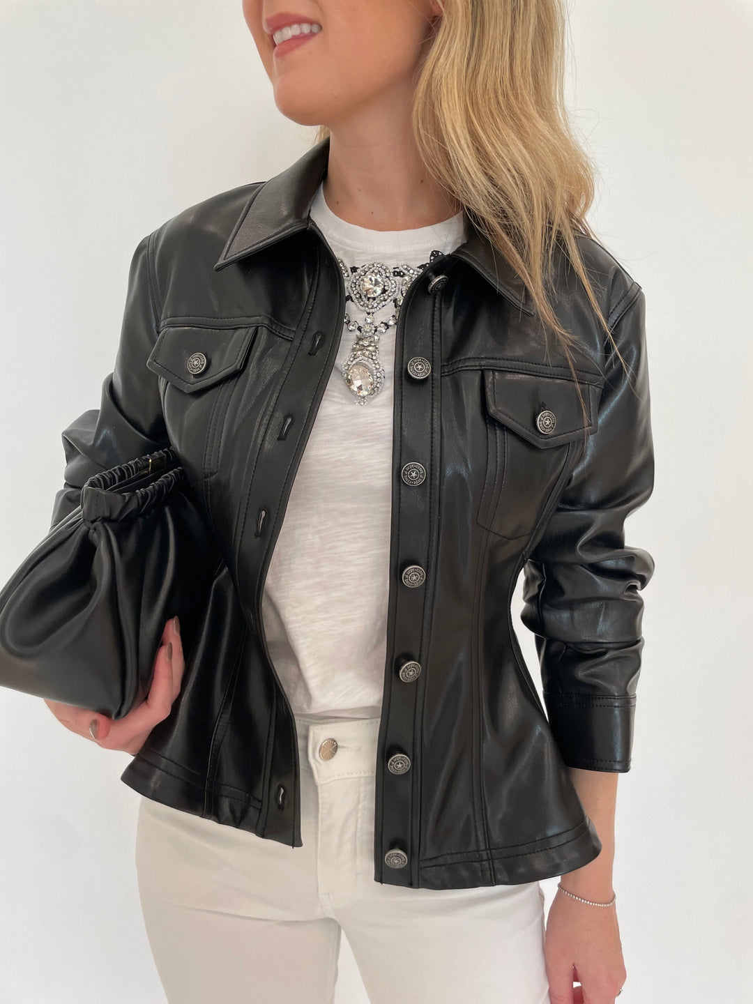 Cinq a Sept Gina Peplum Jacket in Black with Applique Jewelry Tee in White underneath, DeMellier Miami Clutch in Black available at Barbara Katz