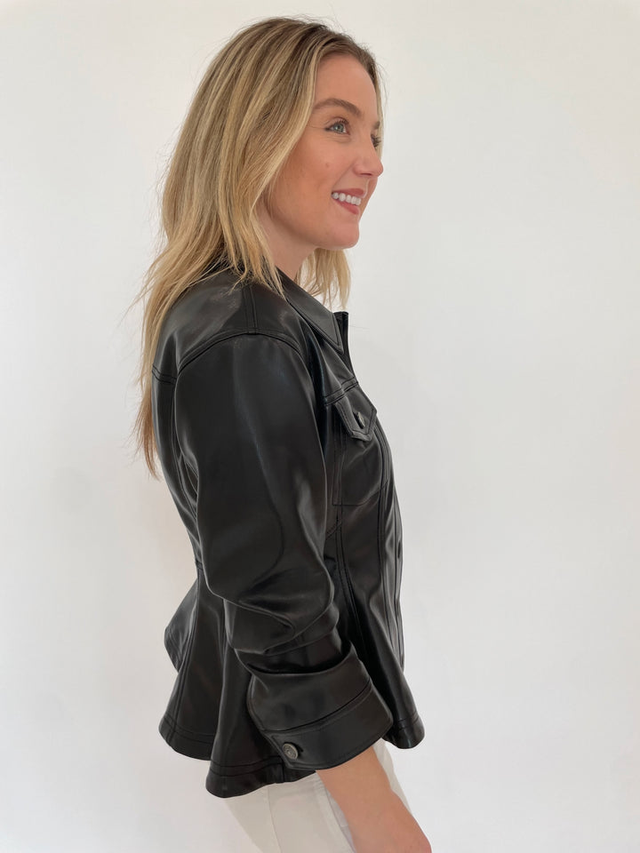 Cinq a Sept Gina Faux Leather Peplum Jacket in Black  available at Barbara Katz