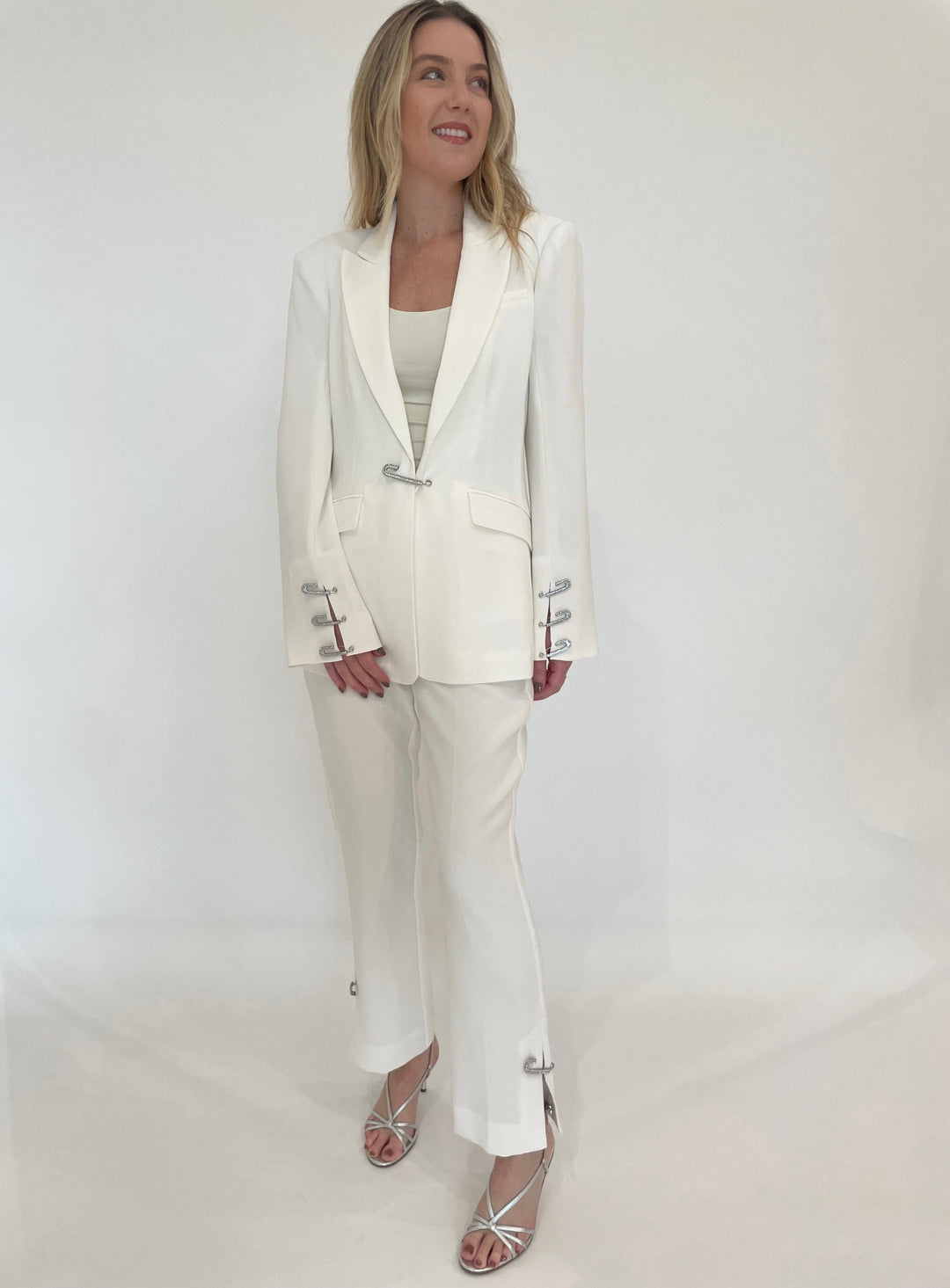 Cinq a Sept Rhinestone Pin Cheyenne Blazer in Ivory paired with matching Rhinestone Pin Cropped Kerry Pants available at Barbara Katz