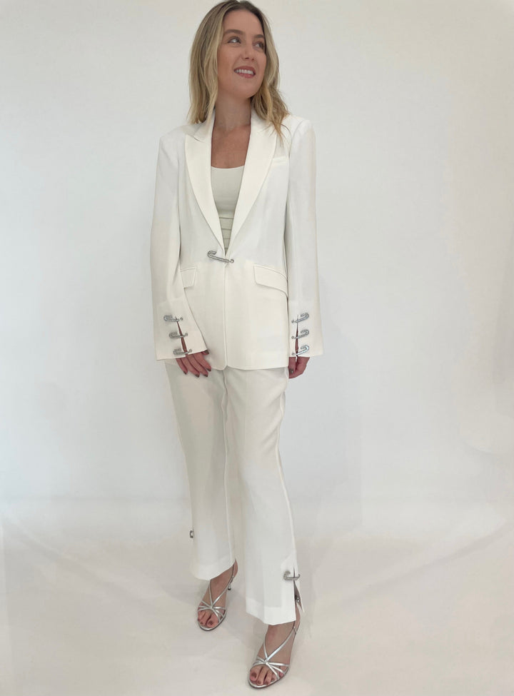 Cinq a Sept Rhinestone Pin Cropped Kerry Pants in Ivory paired with matching Rhinestone Pin Cheyenne Blazer available at Barbara Katz