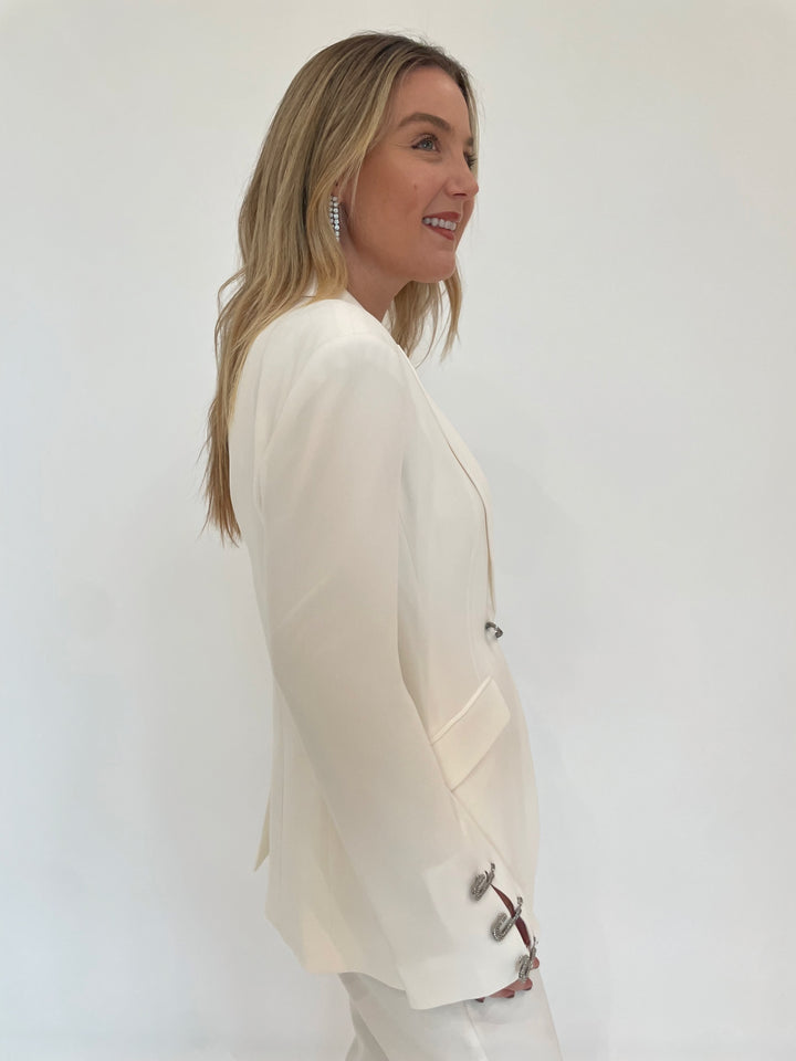 Cinq a Sept Rhinestone Pin Cheyenne Long Sleeve Blazer in Ivory available at Barbara Katz