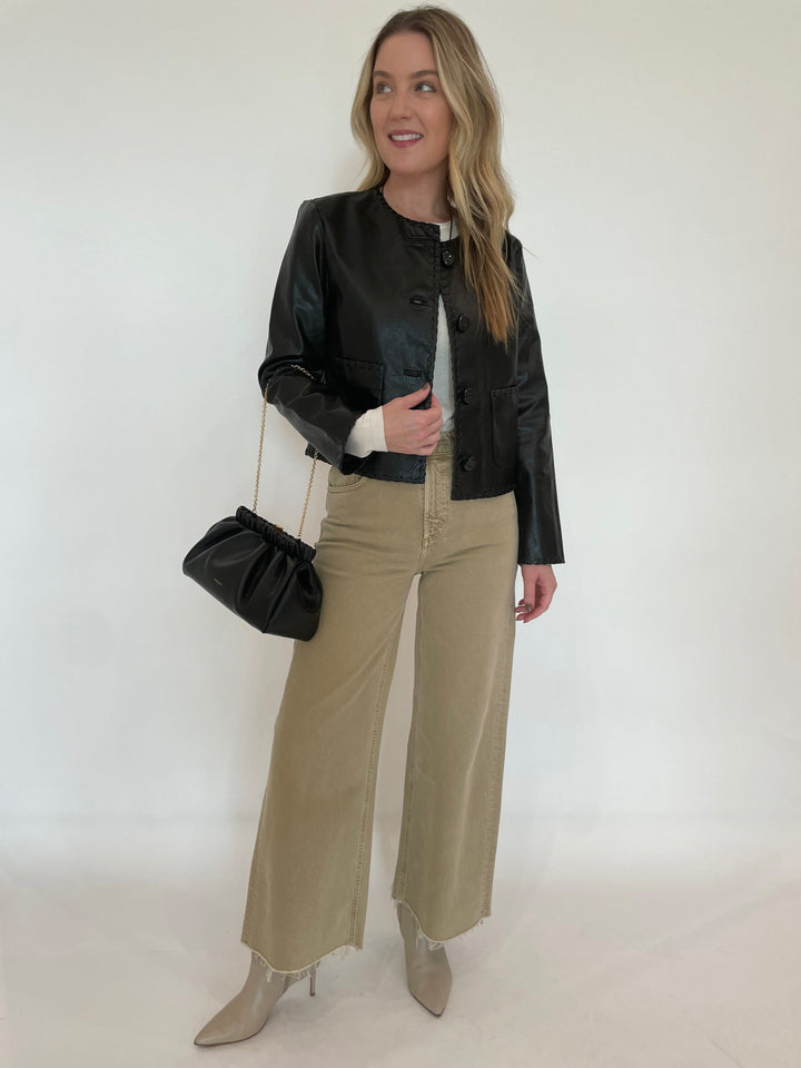 Cinq a Sept Nevina Jacket in Black paired with Citizens of humanity Lyra Crop Wide Leg Jeans in Porcini and DeMellier Miami Clutch in Black available at Barbara Katz