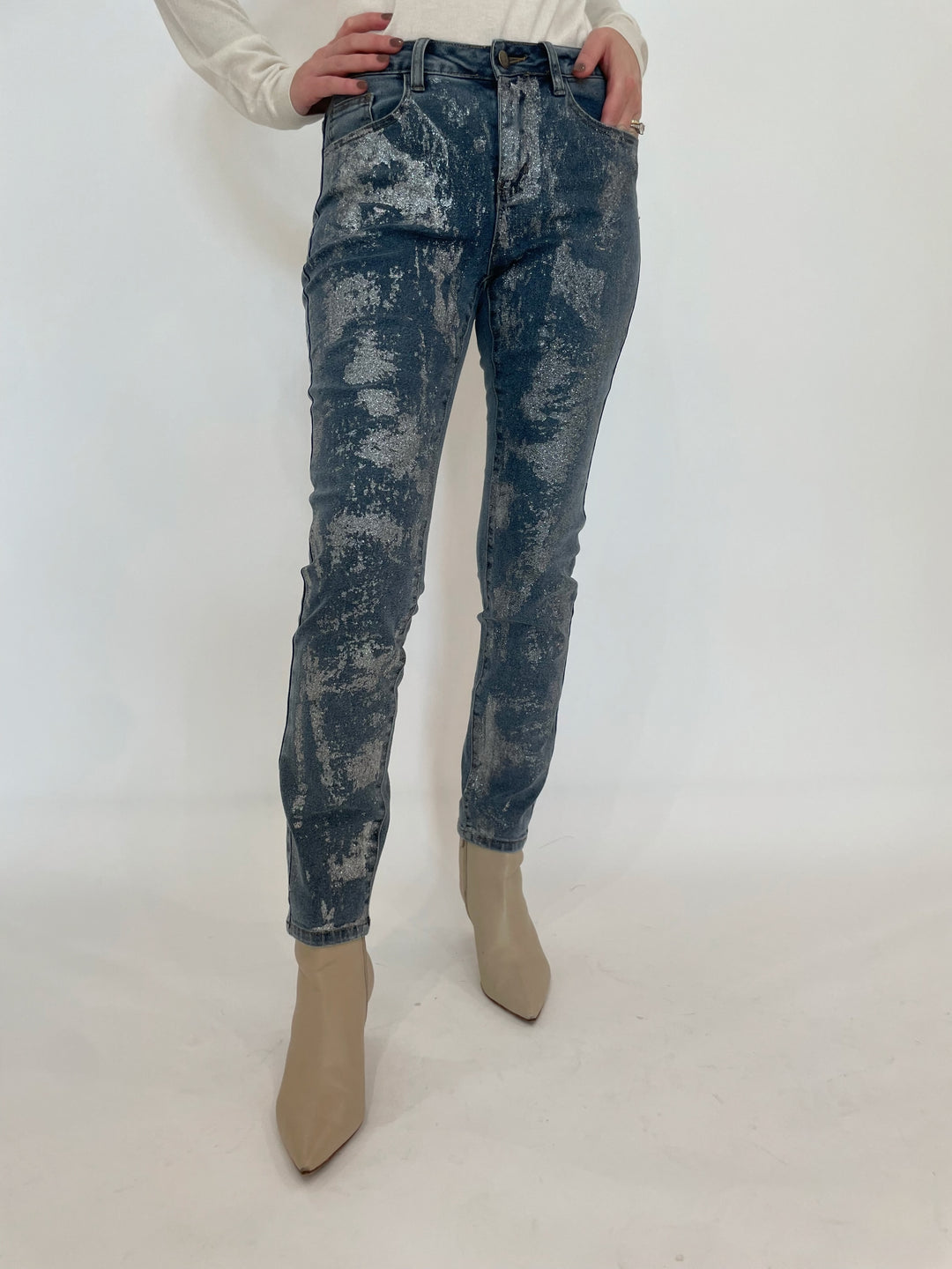 BK Doris Silver Coated Spots Denim Jeans available at Barbara Katz