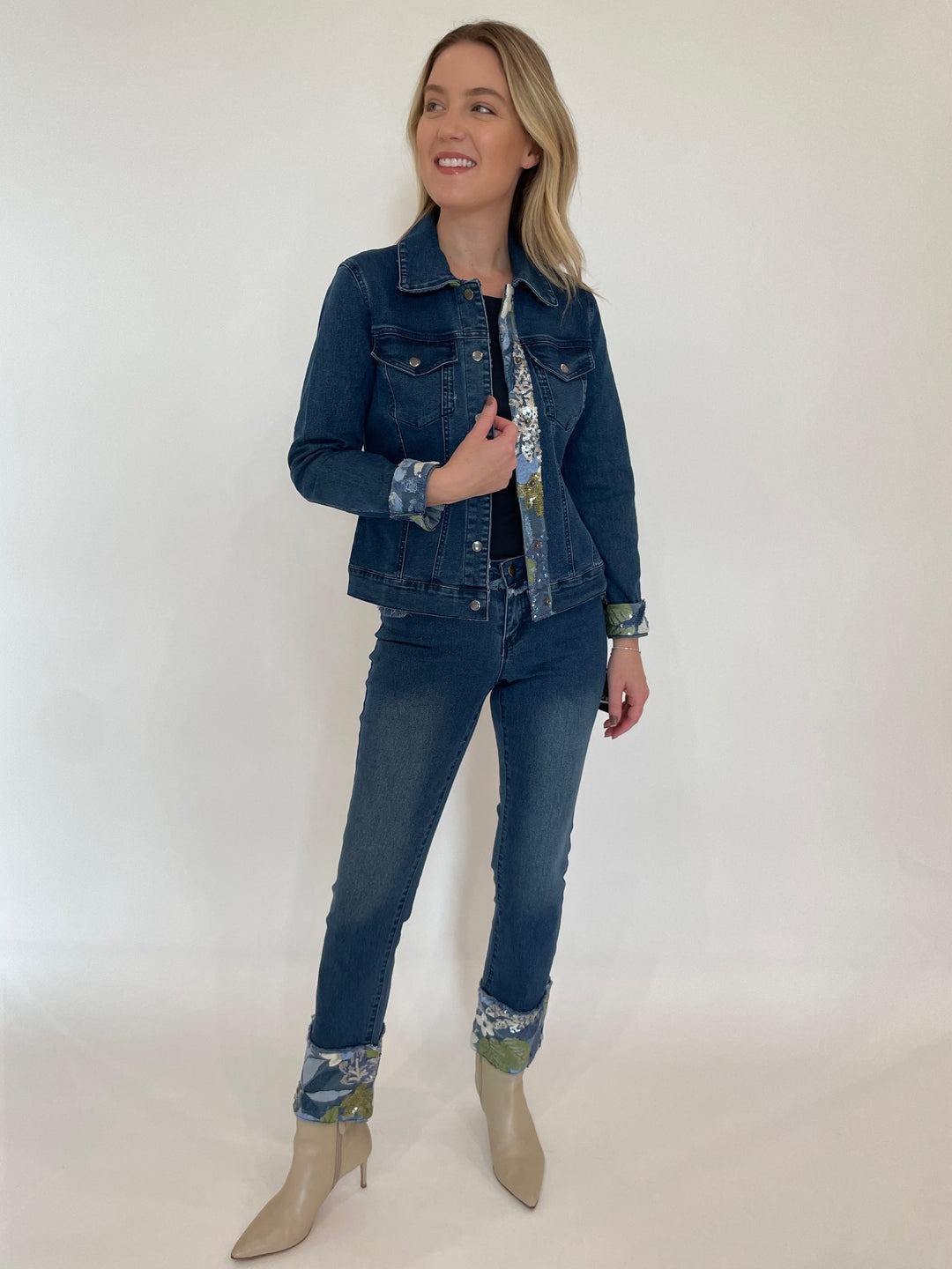 BK Alma Sequin Denim Jacket paired with BK Gloria Sequin Fold Denim Jeans available at Barbara Katz