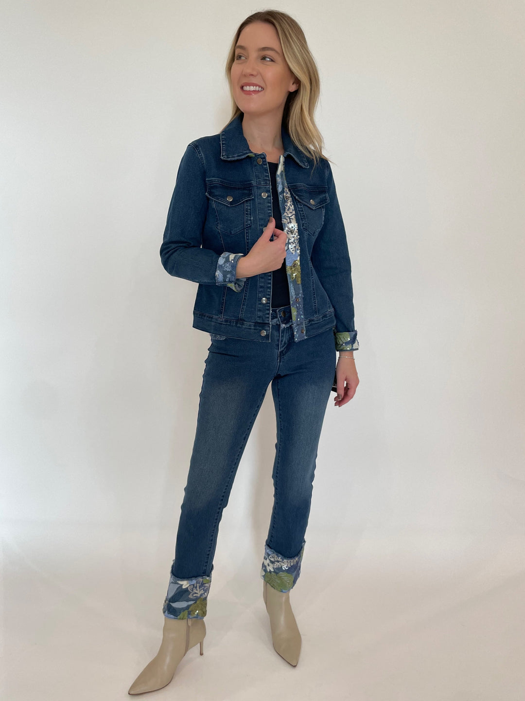 BK Alma Sequin Denim Jacket paired with BK Gloria Sequin Fold Denim Jeans available at Barbara Katz