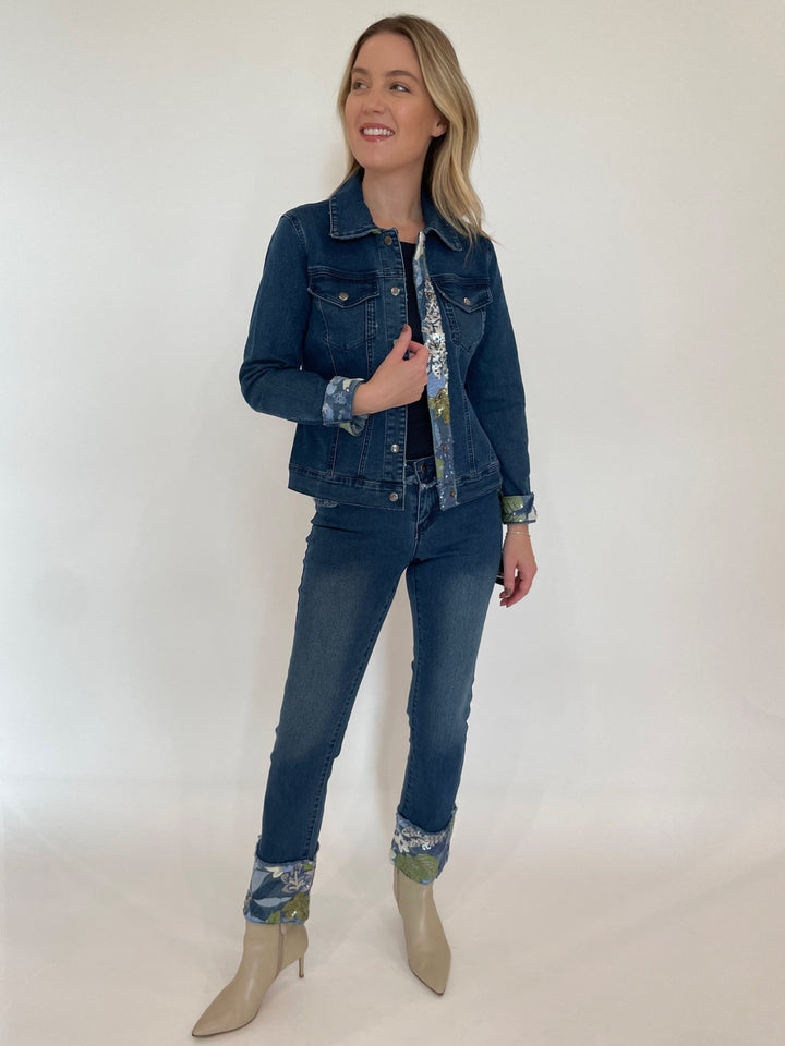 BK Alma Sequin Denim Jacket paired with BK Gloria Sequin Fold Denim Jeans available at Barbara Katz