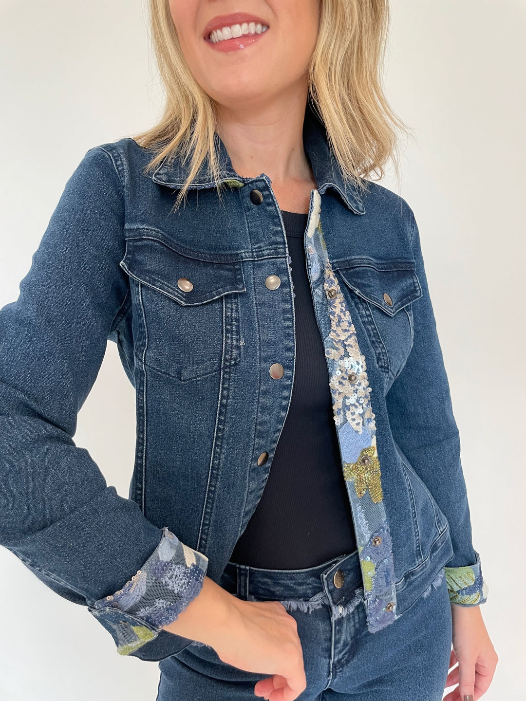 BK Alma Denim Jacket with Sequin detail on cuffs and placket available at Barbara Katz