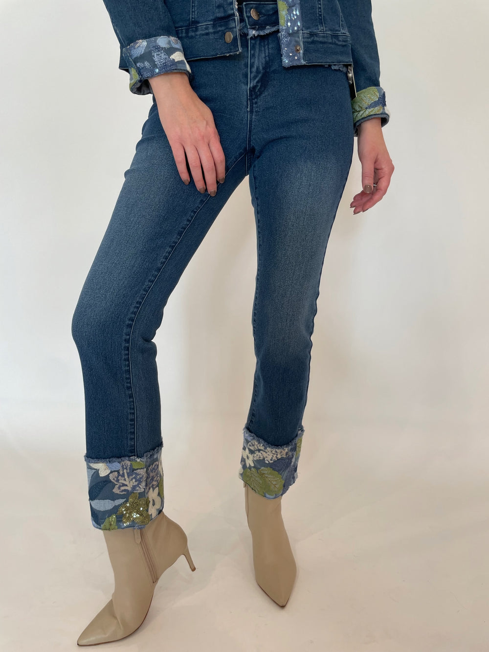 BK Gloria Sequin Fold Cuffed Jeans in Denim available at Barbara Katz