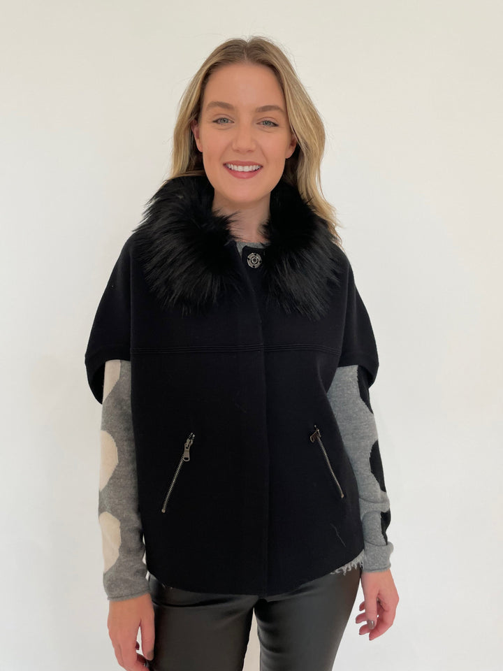 BK Carly Cocoon Jacket in Black with Faux Fur Collar available at Barbara Katz