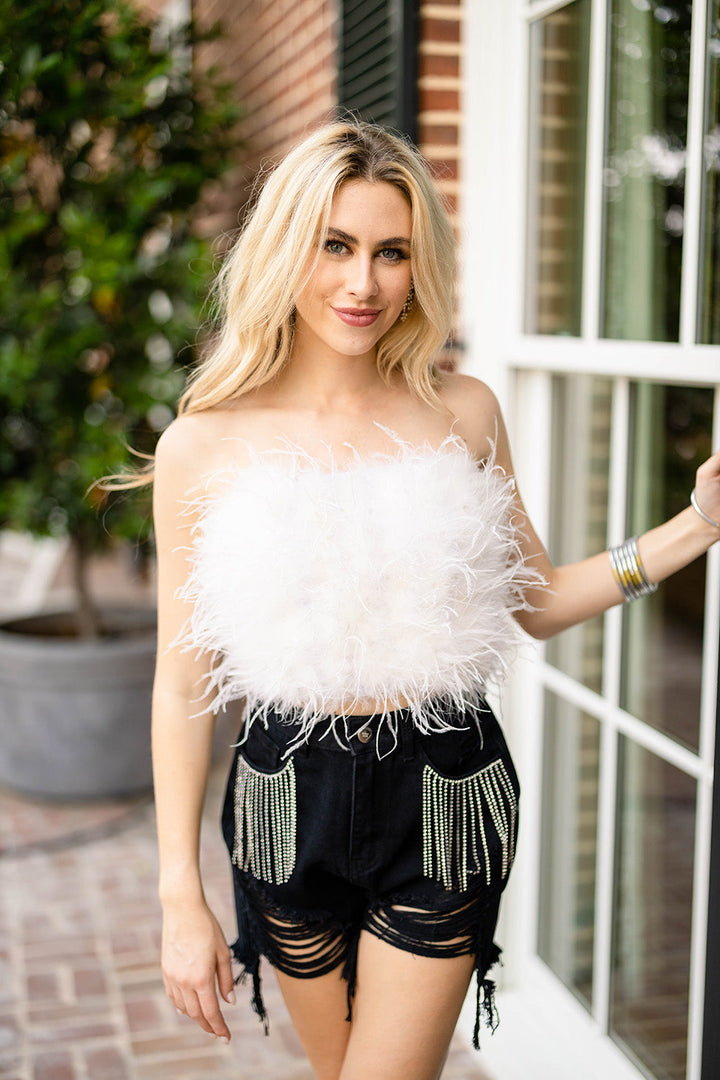 Fancy Strapless Feather Crop Top - White