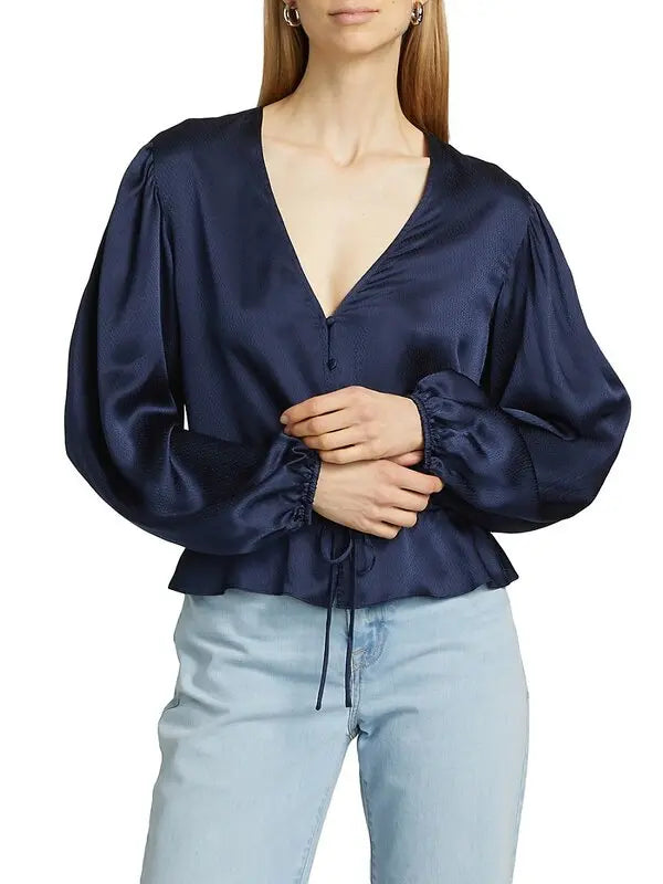 Frame Cinched V-Neck Blouse - Navy