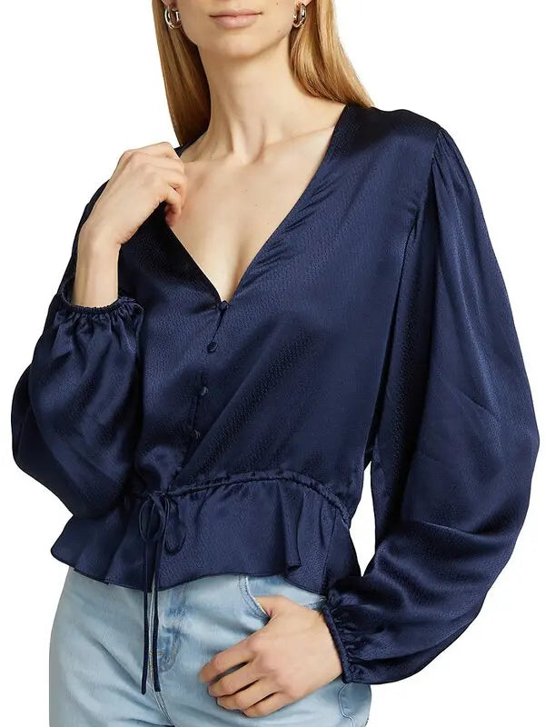 Frame Cinched V-Neck Blouse - Navy