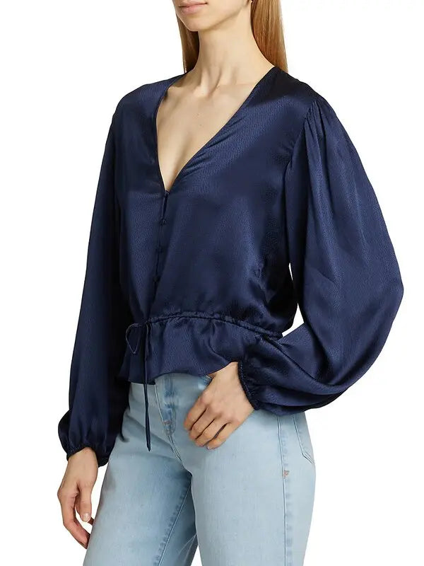 Frame Cinched V-Neck Blouse - Navy