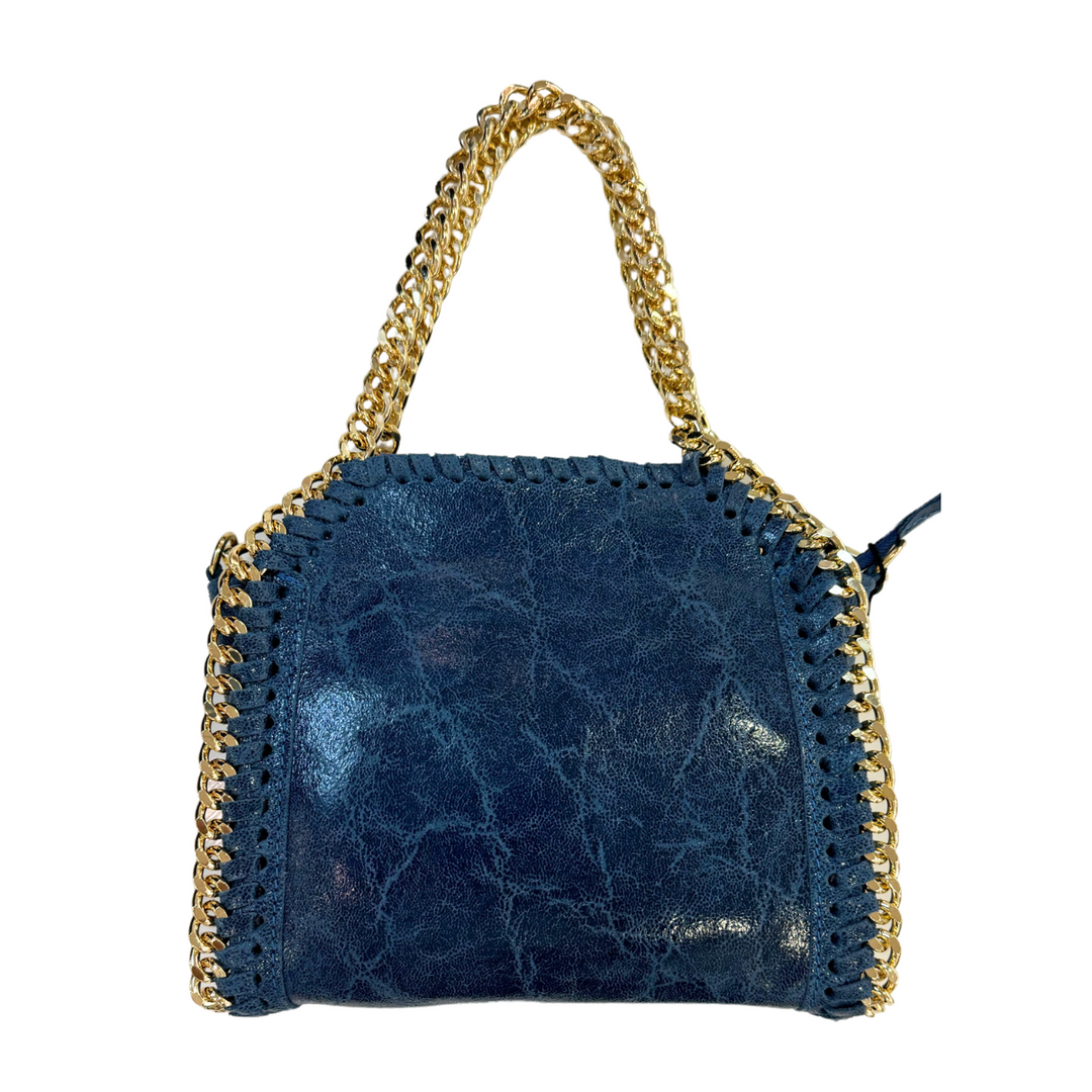 Barbara Katz Metallic Luxe Chain Leather Bag - Denim Blue