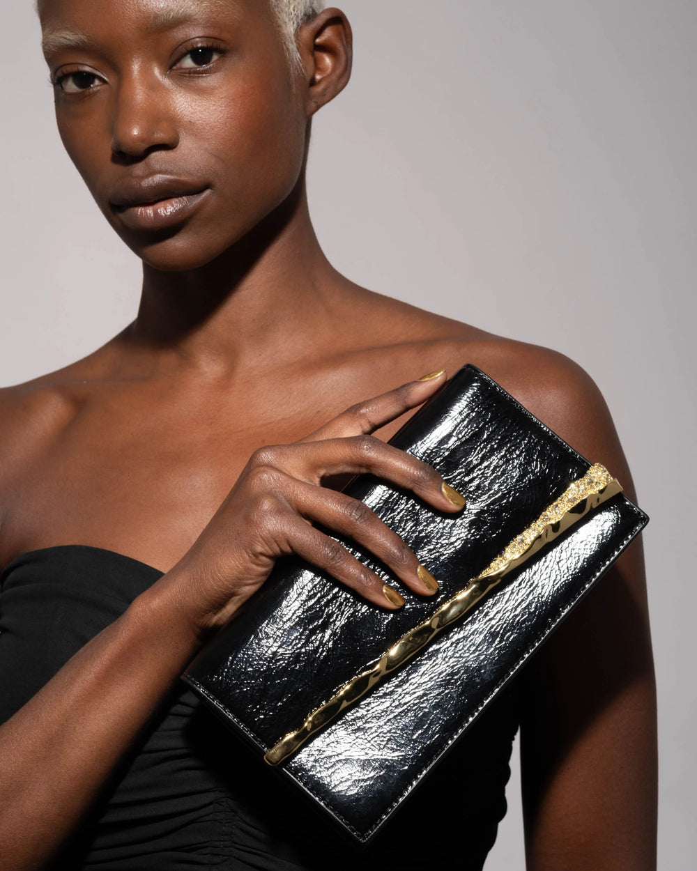 Alexis Bittar Gold Angular Convertible Clutch Bag  in Black Leather available at Barbara Katz