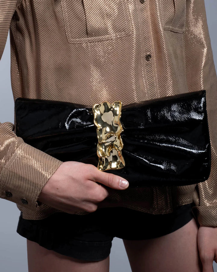 Alexis Bittar Gold Ribbon Convertible Leather Bag in Black available at Barbara Katz