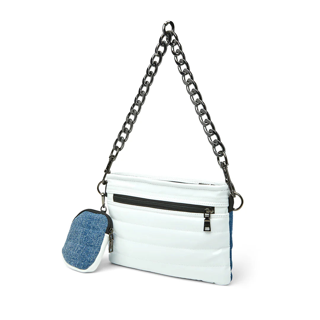 Think Royln Downtown Crossbody - Denim/White with detachable strap and mini clip on bag