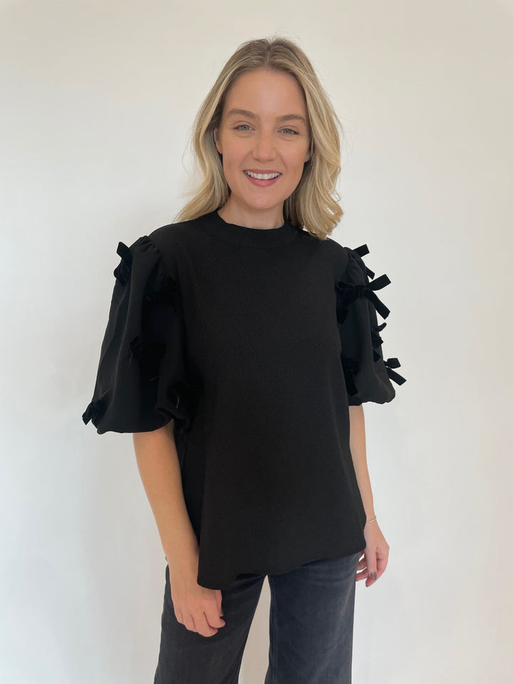 BK Charlie Bow Puff Sleeve Crew neck Top in Black available at Barbara Katz