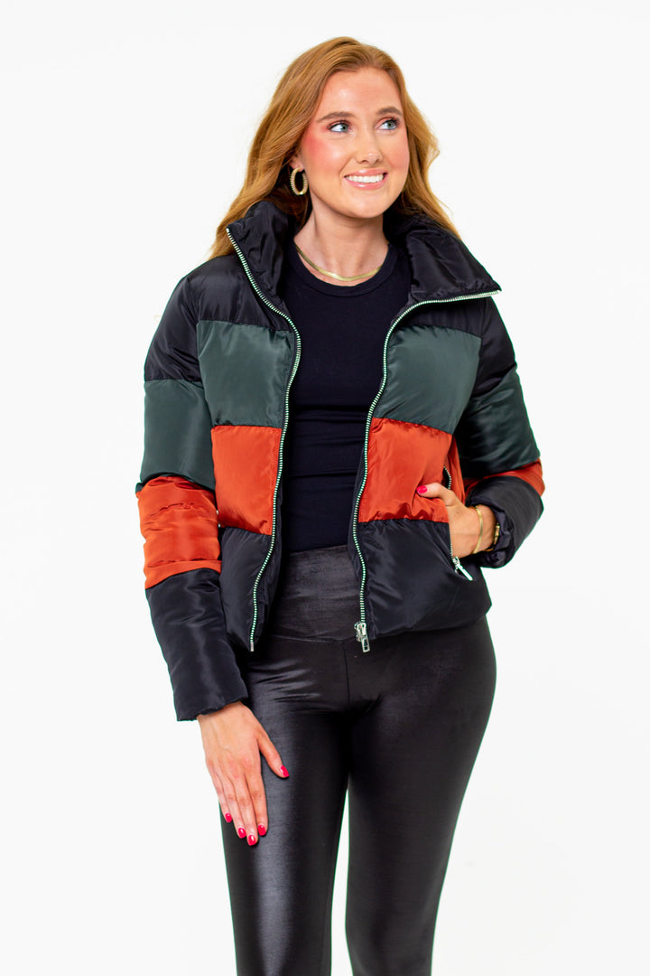 BuddyLove Addison Striped Puffer Jacket in Woodland available at Barbara Katz