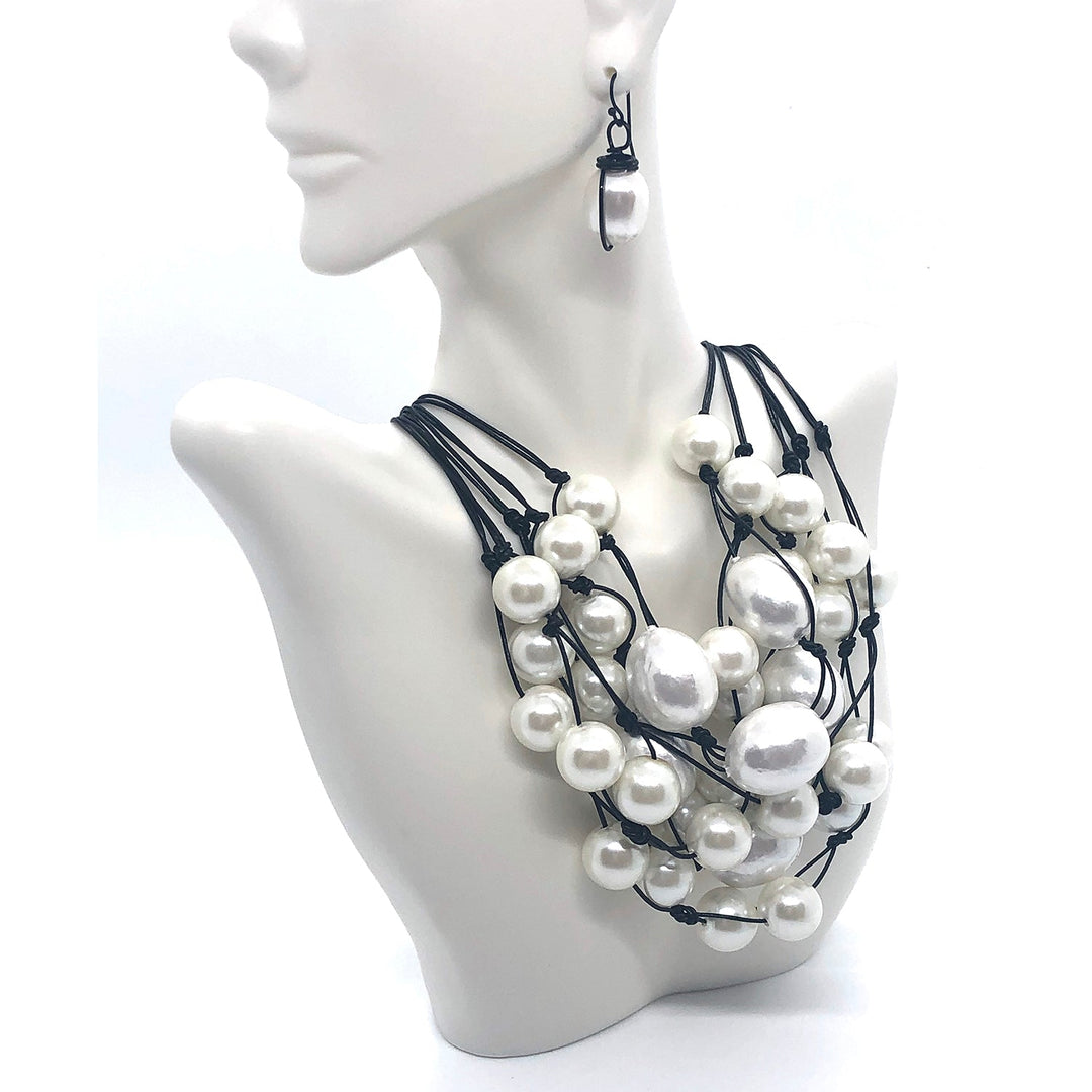 Deborah Grivas Compressed Cotton Hand Laquer Finish Pearls With Glass Pearl 5 Strand Black Leather Necklace Mother Of Pearl Black Wire Wrapped Earring