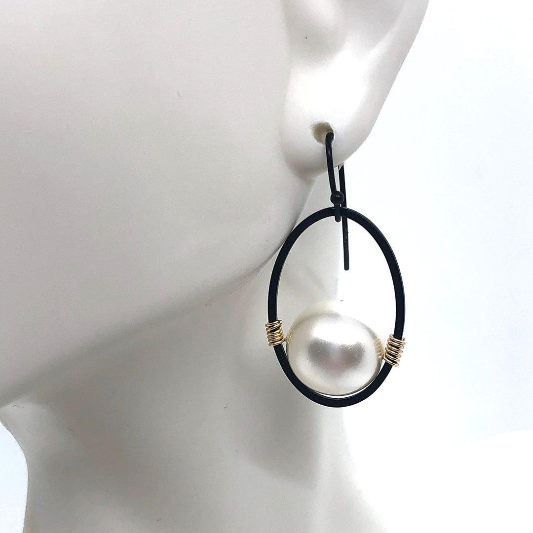 Deborah Grivas Pearl Oval Matte Black Wire Wrap Earrings