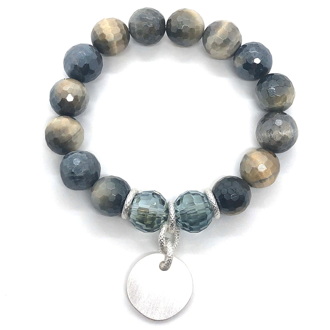 Deborah Grivas Labradorite Blue And Cream Glazed Agate With Labradorite Crystal Stretch Matte Silver Charm Stretch Bracelet