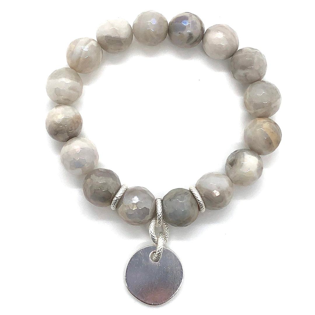 Deborah Grivas Gray Snowflake Glazed Agate With Matte Silver Charm Stretch Bracelet