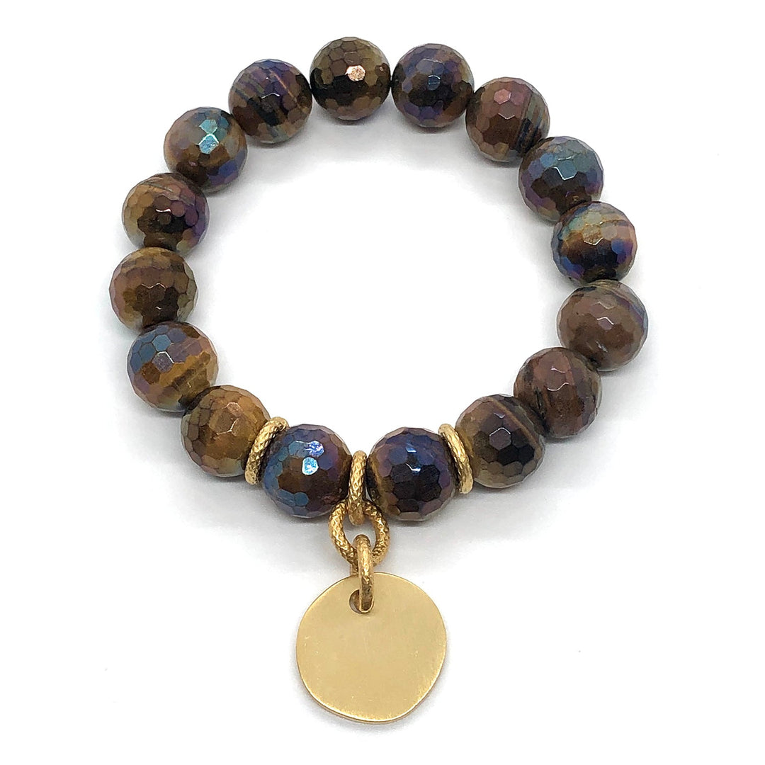 Deborah Grivas Brown Glazed Tiger Eye Matte Gold Charm Stretch Bracelet