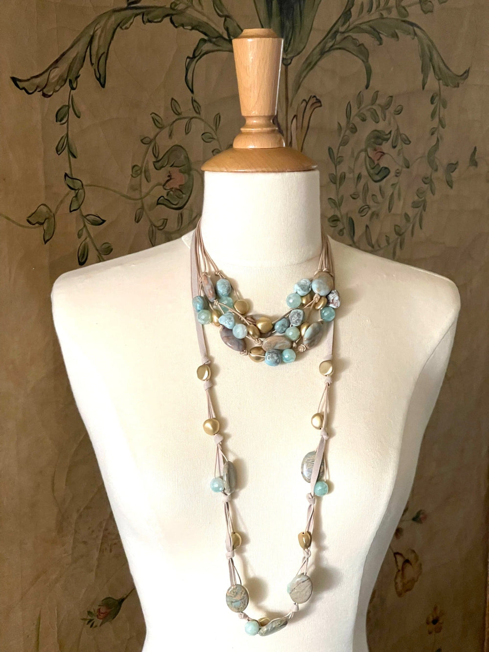 Deborah Grivas Blue Aqua Terra and Aqua Glazed Agate Matte Gold Natural Suede Layer Necklace