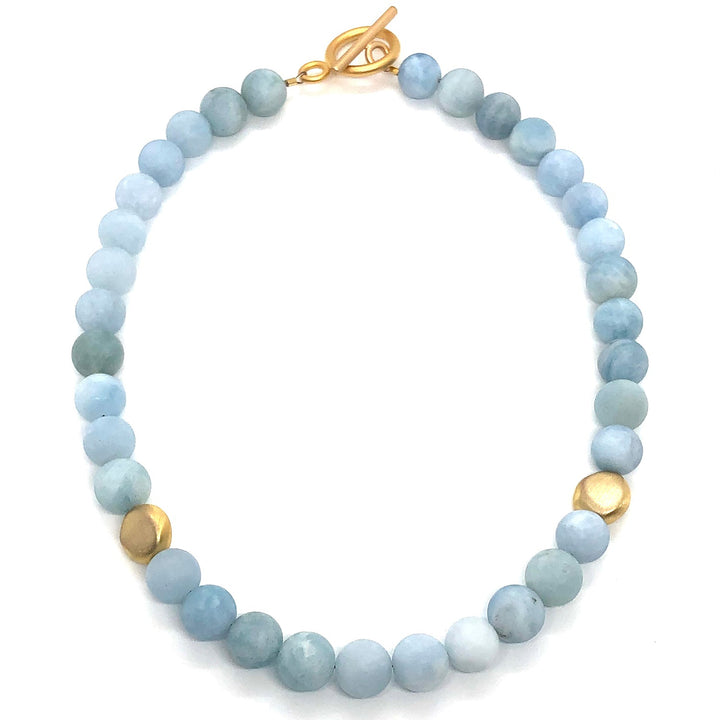 Deborah Grivas Matte Aquamarine With Matte Gold Flat Bead Necklace