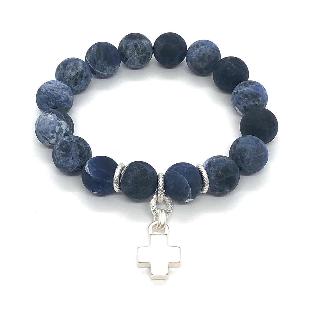 Deborah Grivas Blue Sodalite Matte Silver Cross Stretch Bracelet