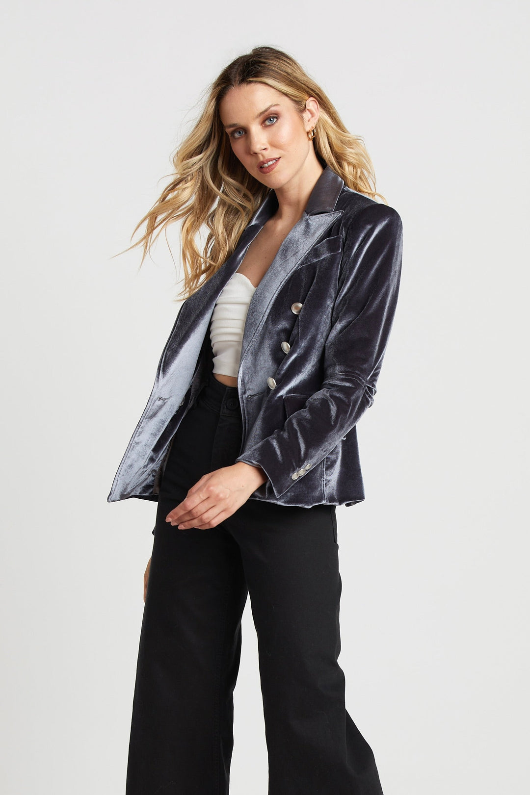 Adroit Atelier James Double Breasted Signature Stretch Blazer With Elbow Detail - Silver available at Barbara Katz