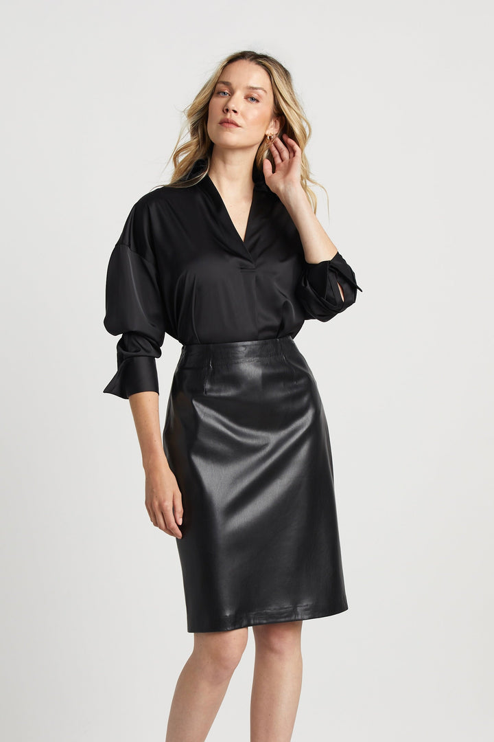 Adroit Atelier Kay Popover Satin Blouse With Long Cuffs - Black available at Barbara Katz