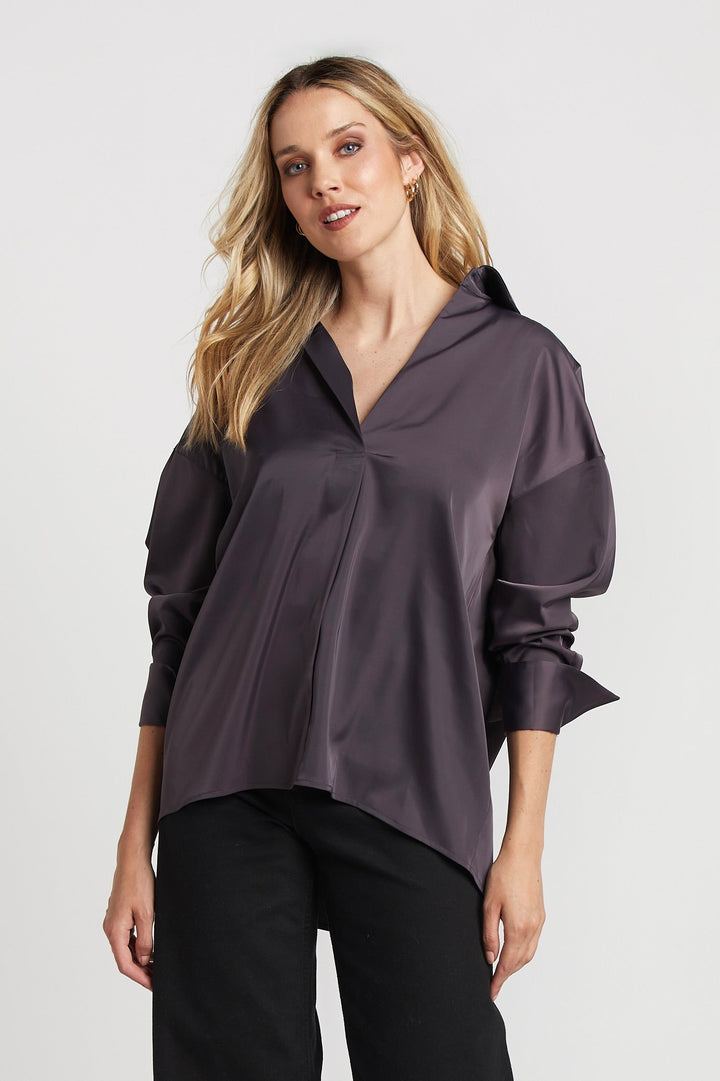 Adroit Atelier Kay Popover Satin Blouse With Long Cuffs - Mulberry available at Barbara Katz