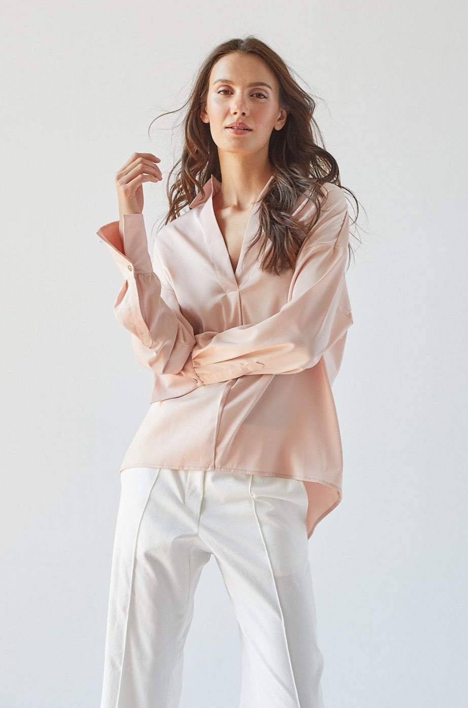 Adroit Atelier Kay Popover Satin Blouse With Long Cuffs - Rose available at Barbara Katz