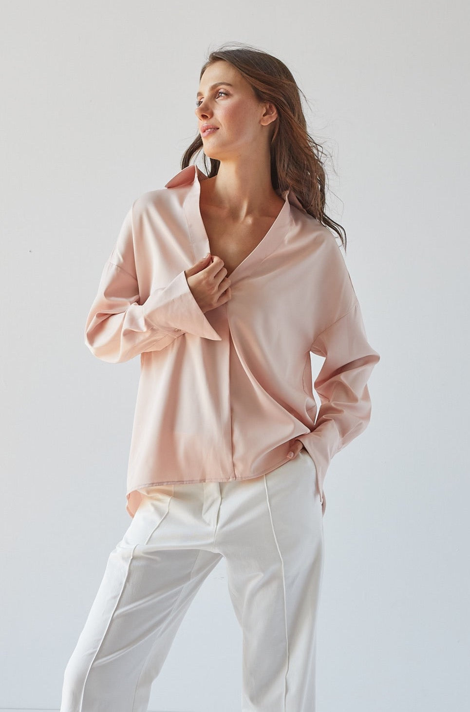 Adroit Atelier Kay Popover Satin Blouse With Long Cuffs - Rose available at Barbara Katz