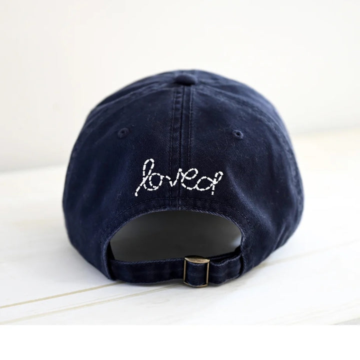 Kerri Rosenthal Baseball Hat Heart Patch in Indigo/White available at Barbara Katz