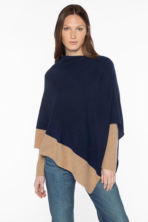 Kinross Cashmere Asymmetric Poncho in Navy/Camel