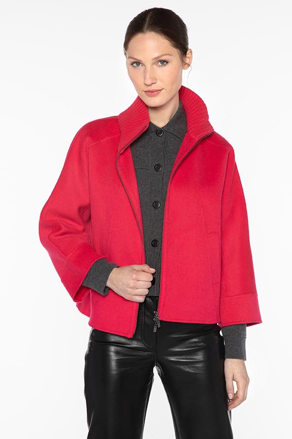 Kinross Short Knit Trim Zip Mock Coat in Poppy