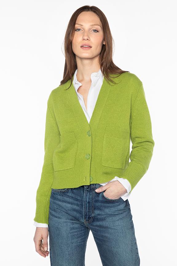 Kinross Cashmere Pocket Vee Cardigan in Moss Green