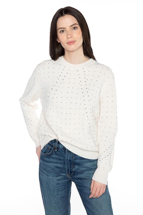 Kinross Cashmere Fashioned Rib Crystal Crew Sweater in Pearl