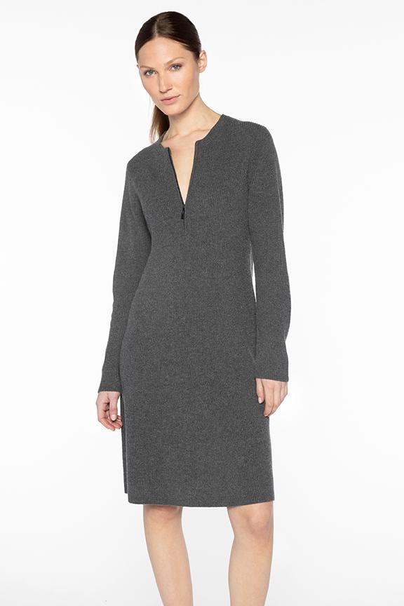 Kinross Cashmere Rib Zip Crew Dress in Flannel