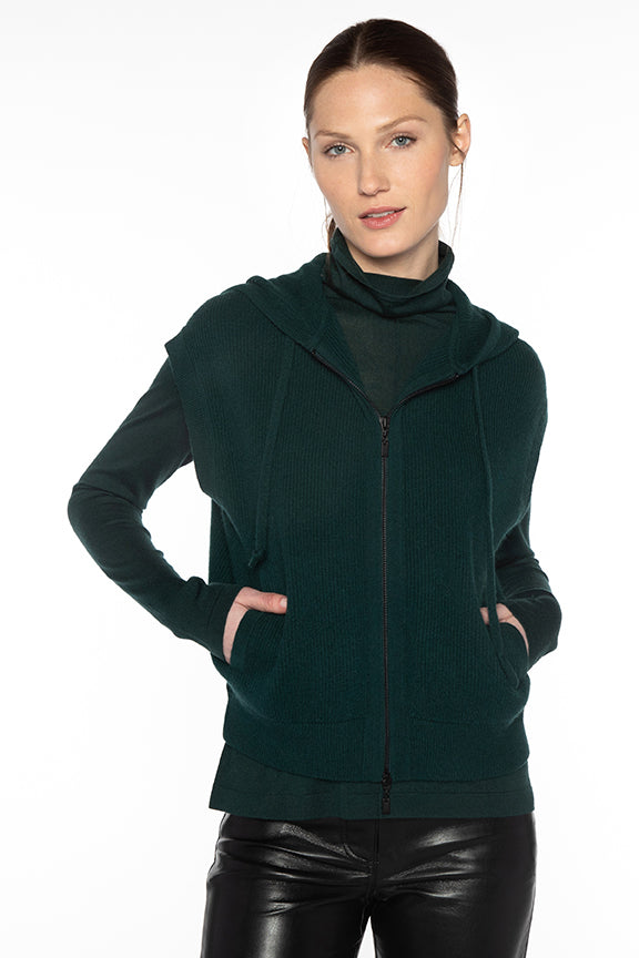 Kinross Cashmere Short Sleeve Rib Zip Hoodie in Cypress