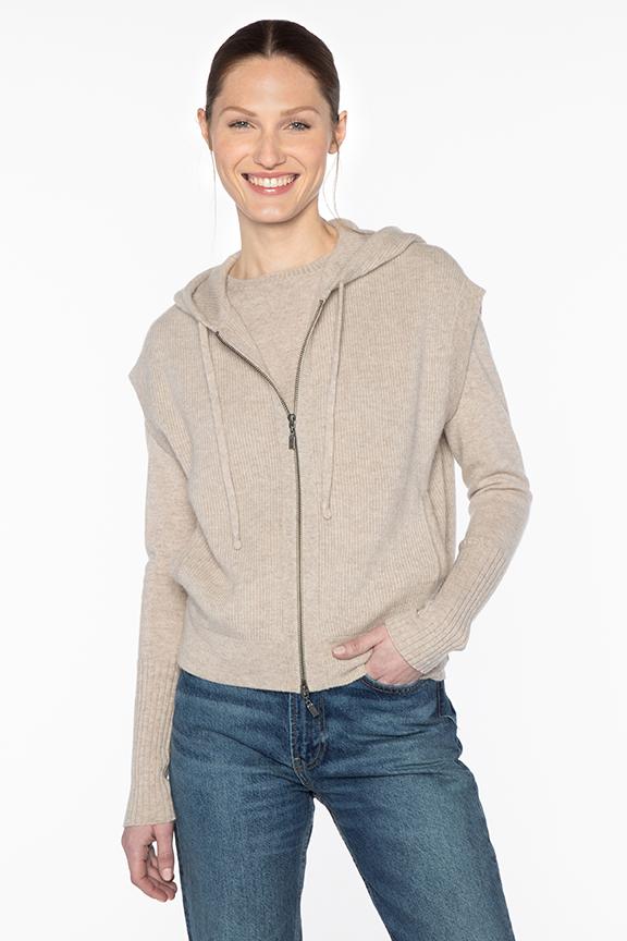 Kinross Cashmere Short Sleeve Rib Zip Hoodie in Mushroom