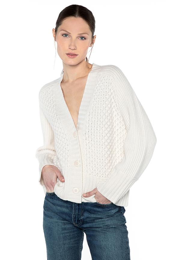 Kinross Cashmere Luxe Mixed Stitch Cardigan in Pearl