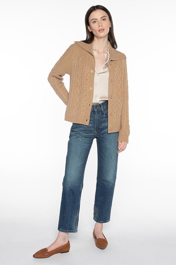 Kinross Cashmere Luxe Cable Cardigan in Camel