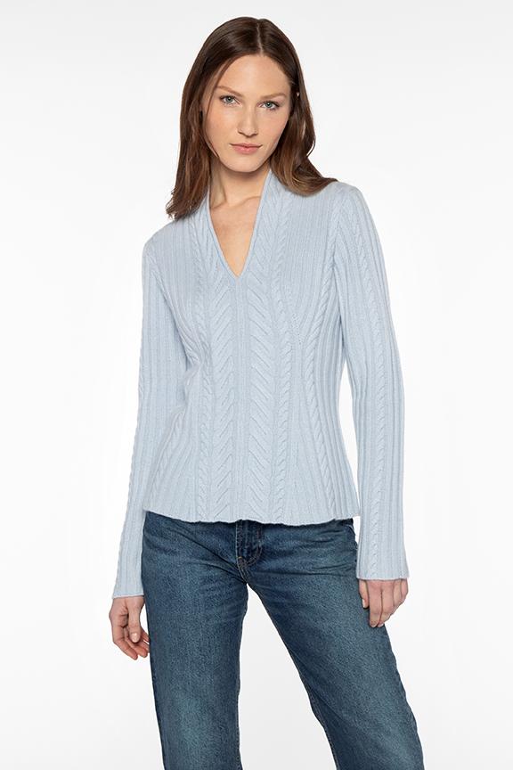 Kinross Cashmere Luxe Cable Vee Sweater in Celeste