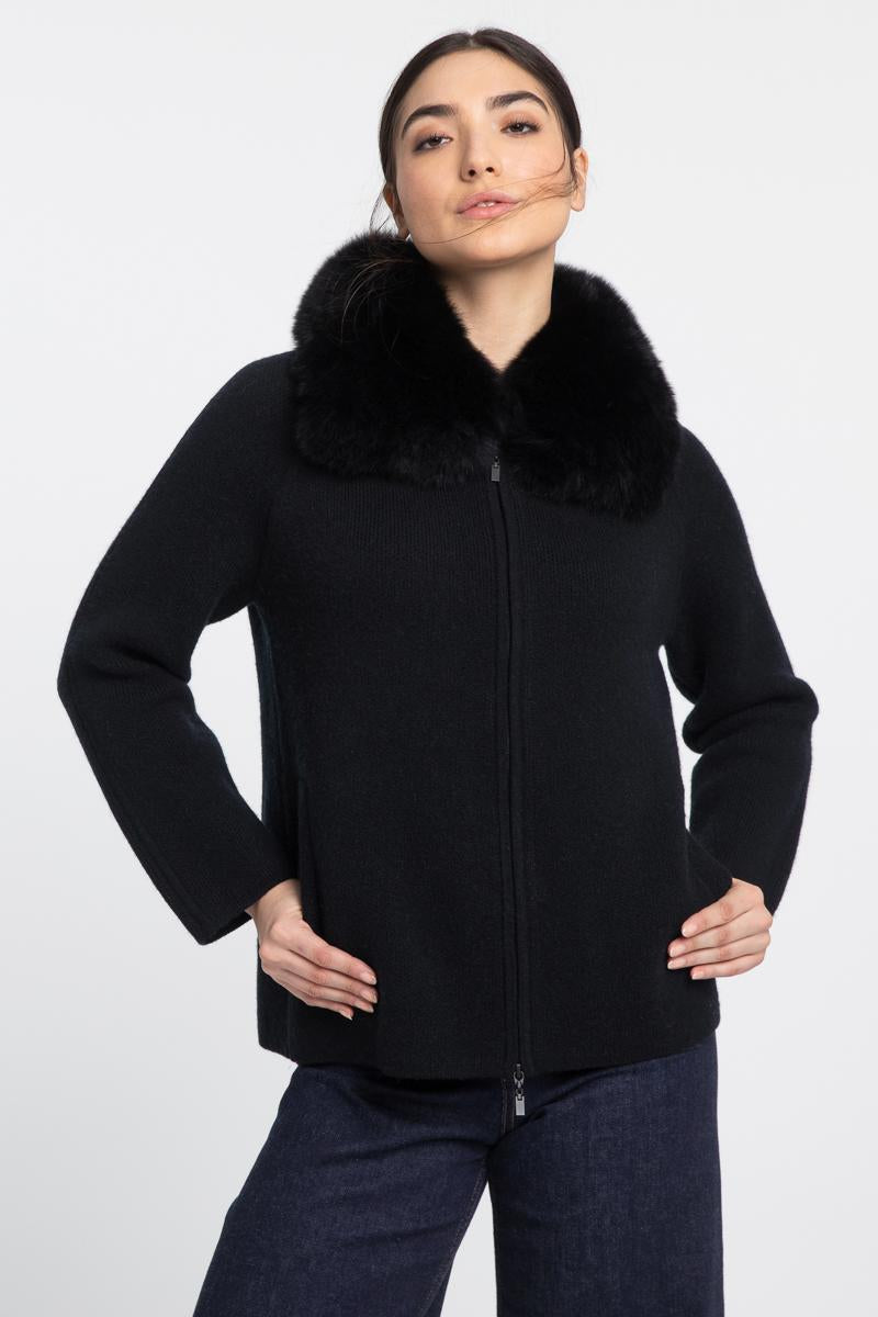 Kinross Cashmere Fur Collar Zip Cardigan in Black available at Barbara Katz