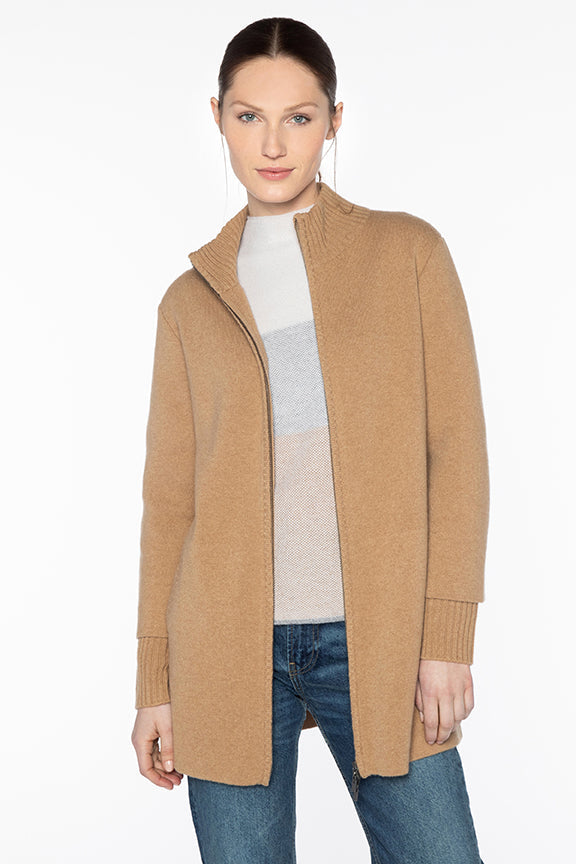 Kinross Zip Mock Swing Cardigan in Camel